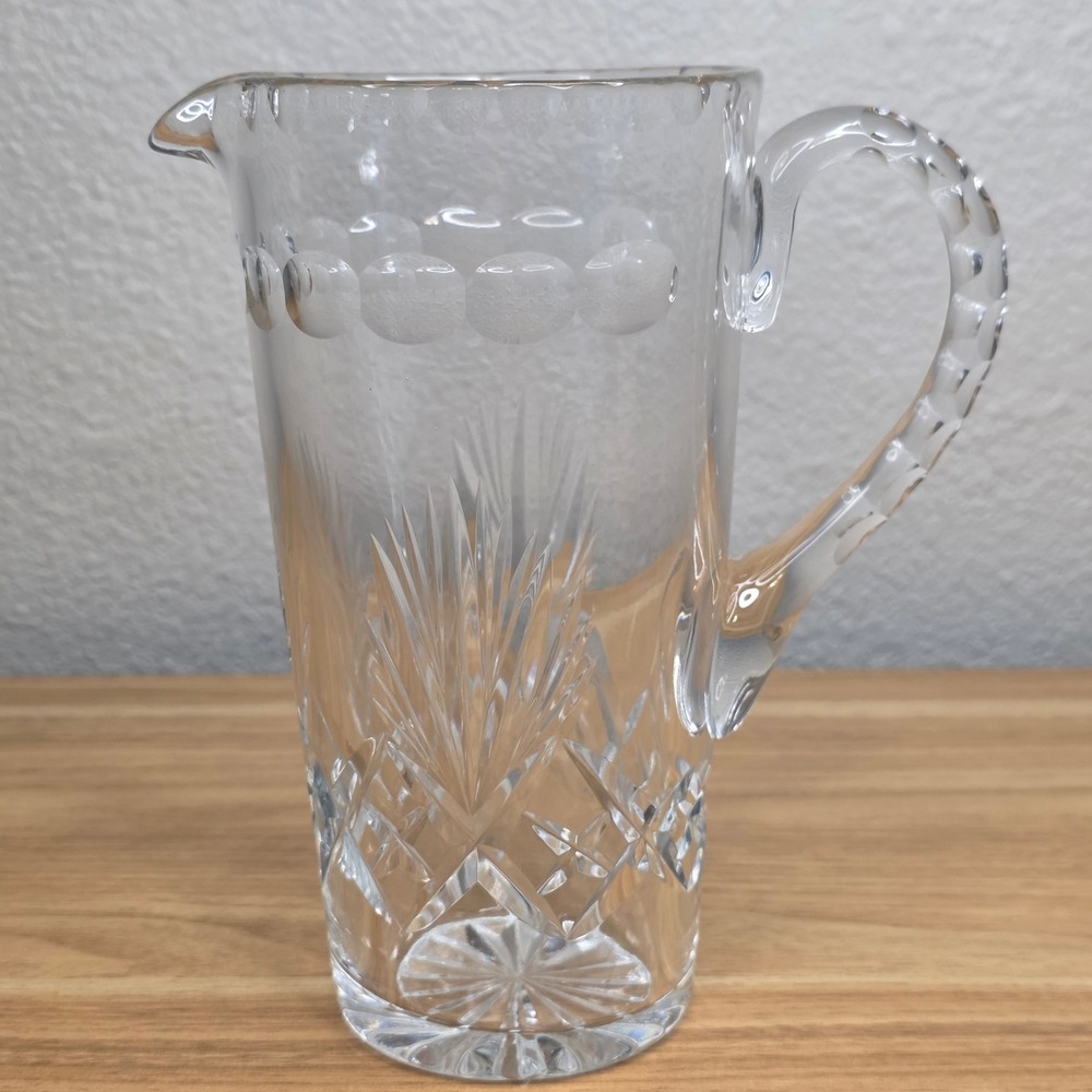 Vintage Cut Glass Pitcher 7" Tall Clear Diamond Fan Pattern Thumbprint